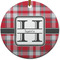 Red & Gray Plaid Round Ceramic Ornament w/ Name and Initial