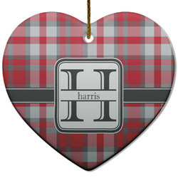 Red & Gray Plaid Heart Ceramic Ornament w/ Name and Initial