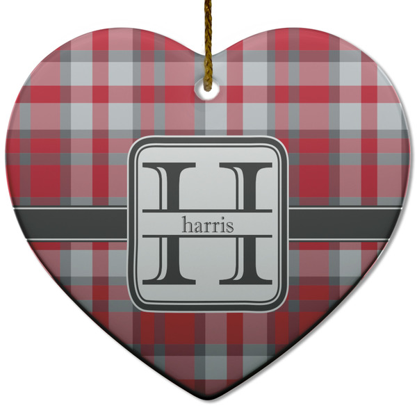 Custom Red & Gray Plaid Heart Ceramic Ornament w/ Name and Initial