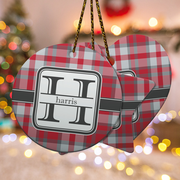 Custom Red & Gray Plaid Ceramic Ornament w/ Name and Initial