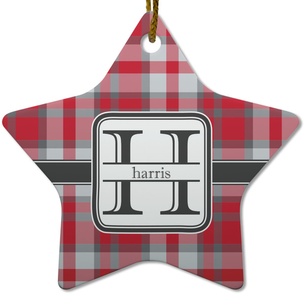 Custom Red & Gray Plaid Star Ceramic Ornament w/ Name and Initial