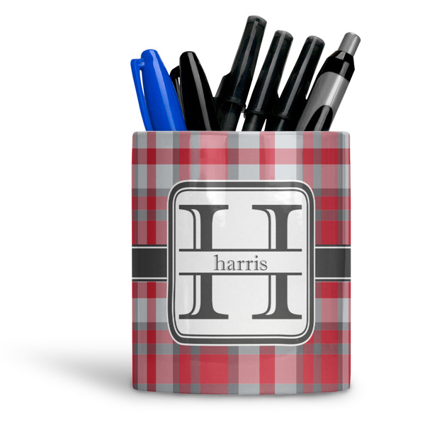 Custom Red & Gray Plaid Ceramic Pen Holder
