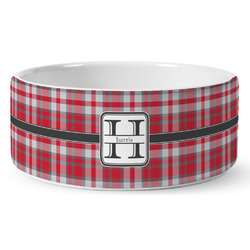 Red & Gray Plaid Ceramic Dog Bowl (Personalized)
