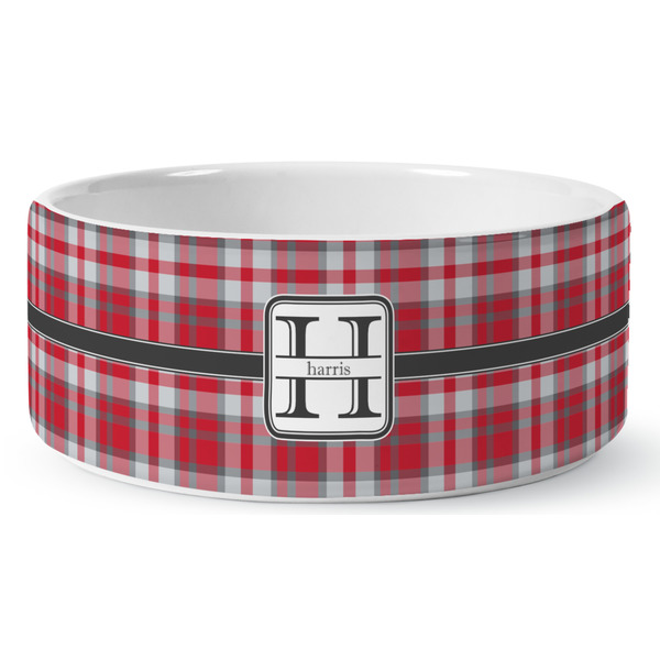 Custom Red & Gray Plaid Ceramic Dog Bowl (Personalized)
