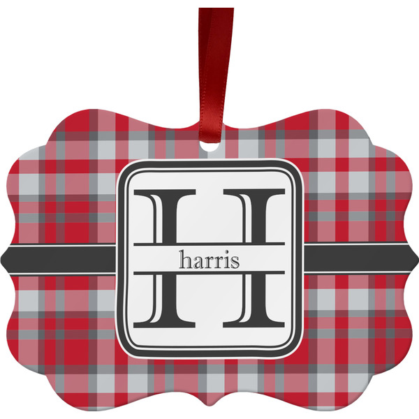 Custom Red & Gray Plaid Metal Frame Ornament - Double Sided w/ Name and Initial
