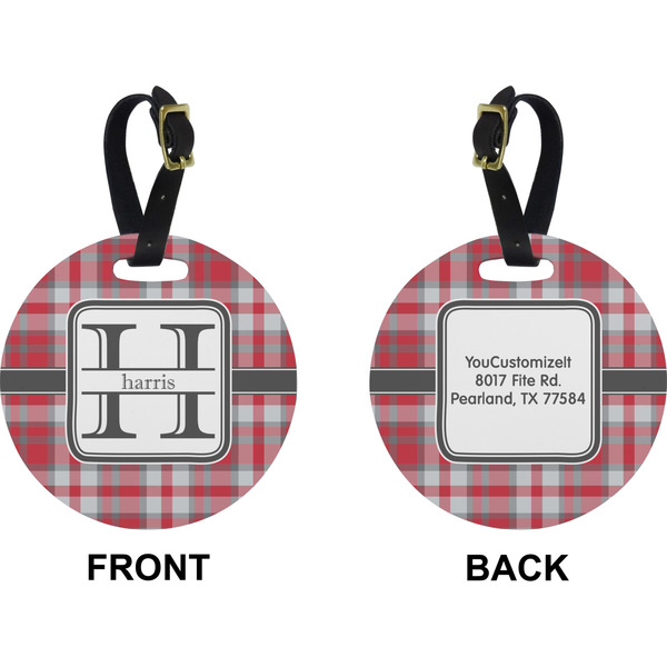 Red & Gray Plaid Circle Luggage Tag (Front + Back)