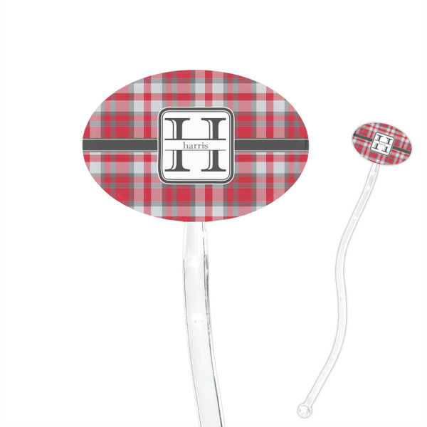 Custom Red & Gray Plaid 7" Oval Plastic Stir Sticks - Clear (Personalized)