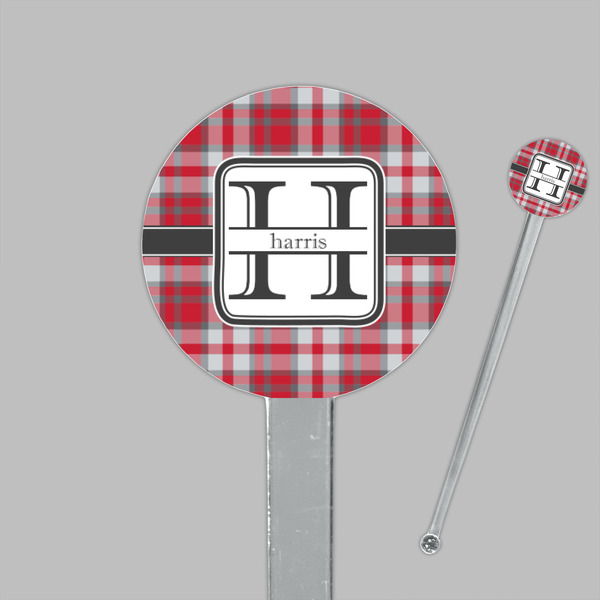 Red & Gray Plaid Clear Plastic 7" Stir Stick - Round - Closeup