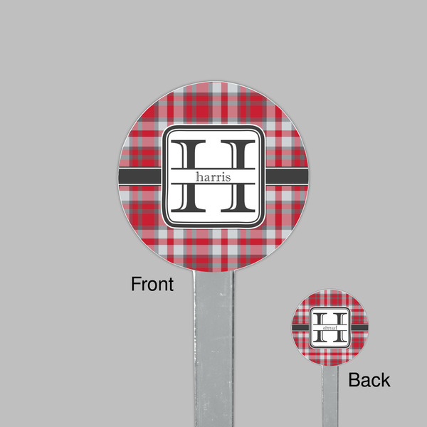 Red & Gray Plaid Clear Plastic 7" Stir Stick - Round - Front & Back