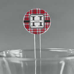 Red & Gray Plaid 7" Round Plastic Stir Sticks - Clear (Personalized)