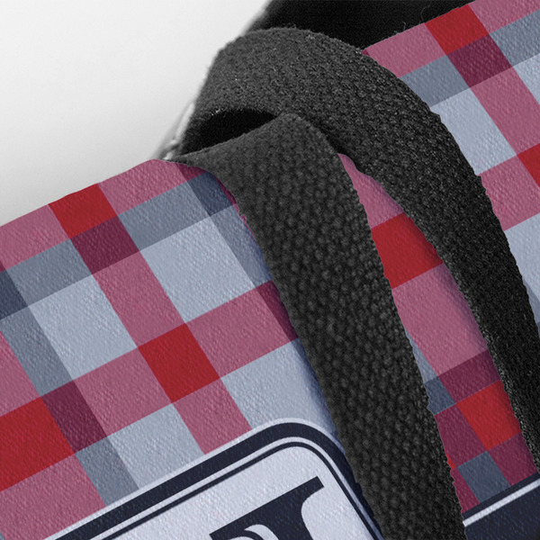 Red & Gray Plaid Closeup of Tote w/Black Handles