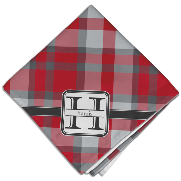 Custom Red & Gray Plaid Cloth Dinner Napkin - Single w/ Name and Initial