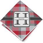 Red & Gray Plaid Cloth Cocktail Napkin - Single w/ Name and Initial