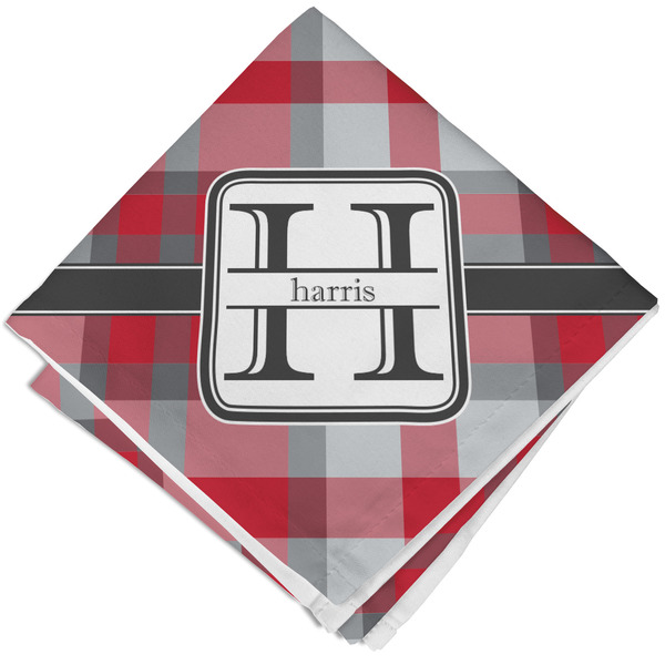 Custom Red & Gray Plaid Cloth Cocktail Napkin - Single w/ Name and Initial