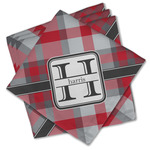 Red & Gray Plaid Cloth Cocktail Napkins - Set of 4 w/ Name and Initial