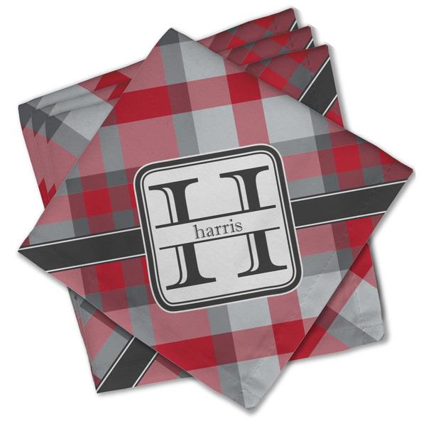 Custom Red & Gray Plaid Cloth Cocktail Napkins - Set of 4 w/ Name and Initial