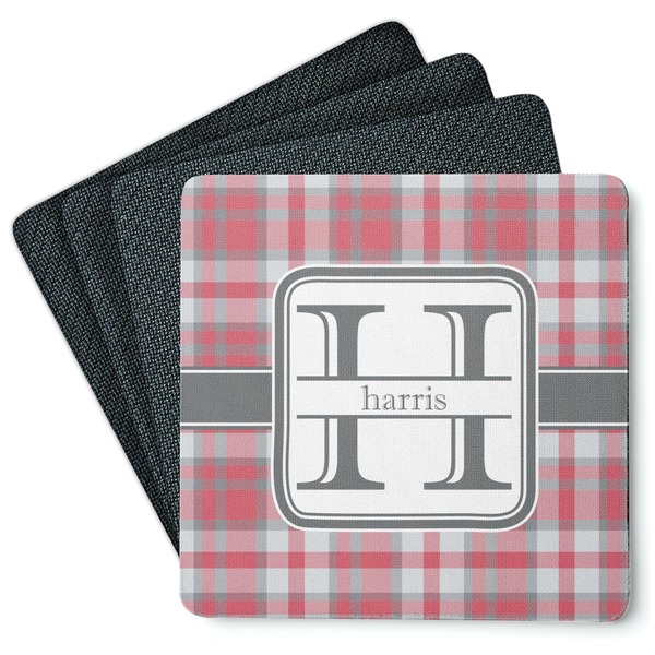 Custom Red & Gray Plaid Square Rubber Backed Coasters - Set of 4 (Personalized)