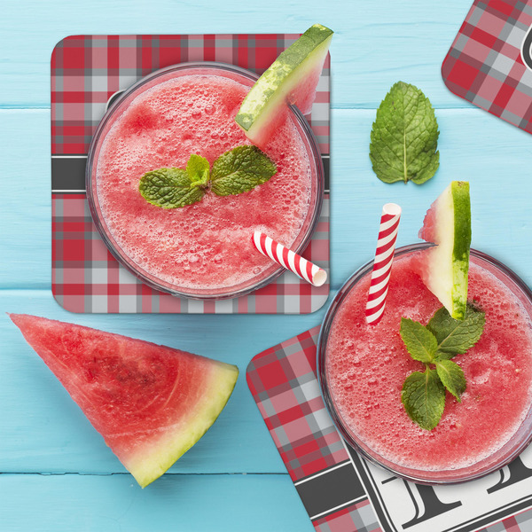 Red & Gray Plaid Coaster Set - LIFESTYLE