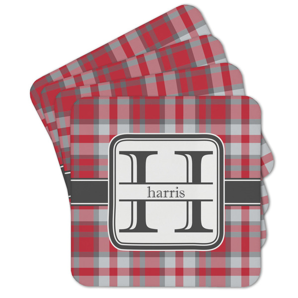 Custom Red & Gray Plaid Cork Coaster - Set of 4 w/ Name and Initial