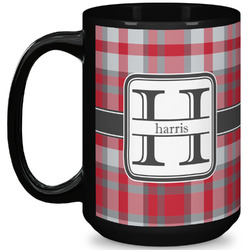 Red & Gray Plaid 15 Oz Coffee Mug - Black (Personalized)