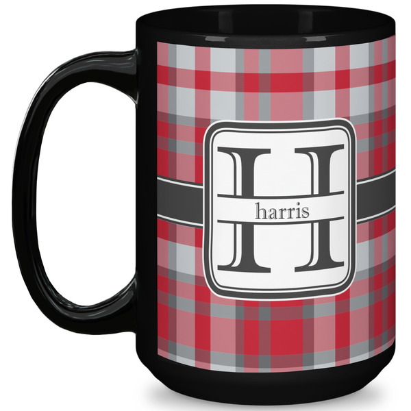 Custom Red & Gray Plaid 15 Oz Coffee Mug - Black (Personalized)