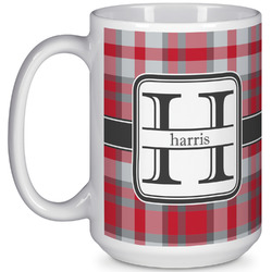 Red & Gray Plaid 15 Oz Coffee Mug - White (Personalized)
