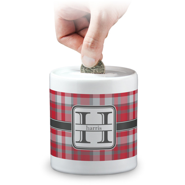 Custom Red & Gray Plaid Coin Bank (Personalized)