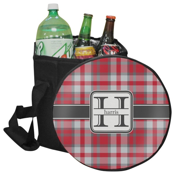 Custom Red & Gray Plaid Collapsible Cooler & Seat (Personalized)