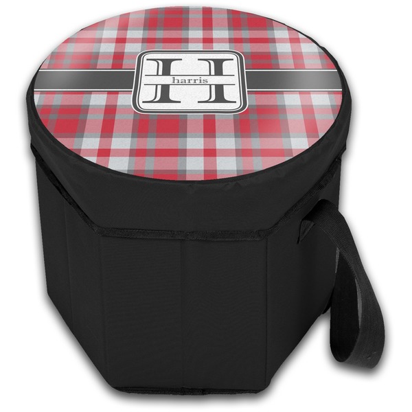 Red & Gray Plaid Collapsible Personalized Cooler & Seat (Closed)