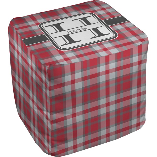 Custom Red & Gray Plaid Cube Pouf Ottoman (Personalized)