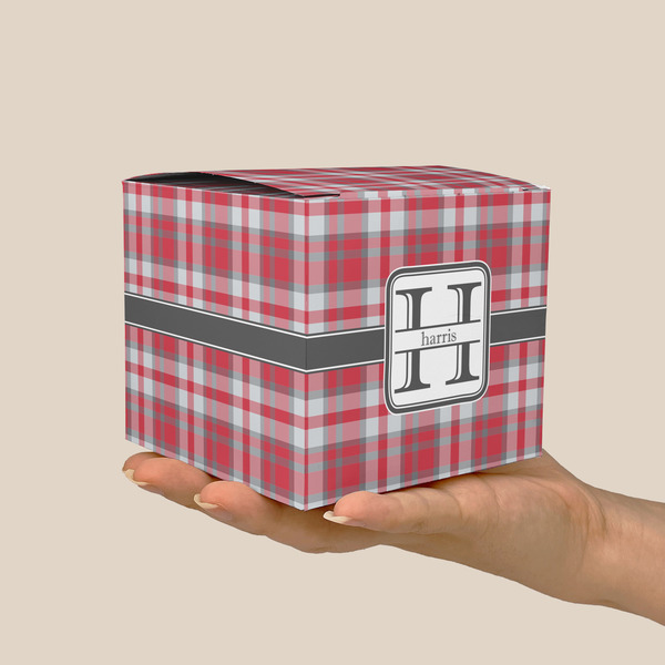 Red & Gray Plaid Cube Favor Gift Box - On Hand - Scale View