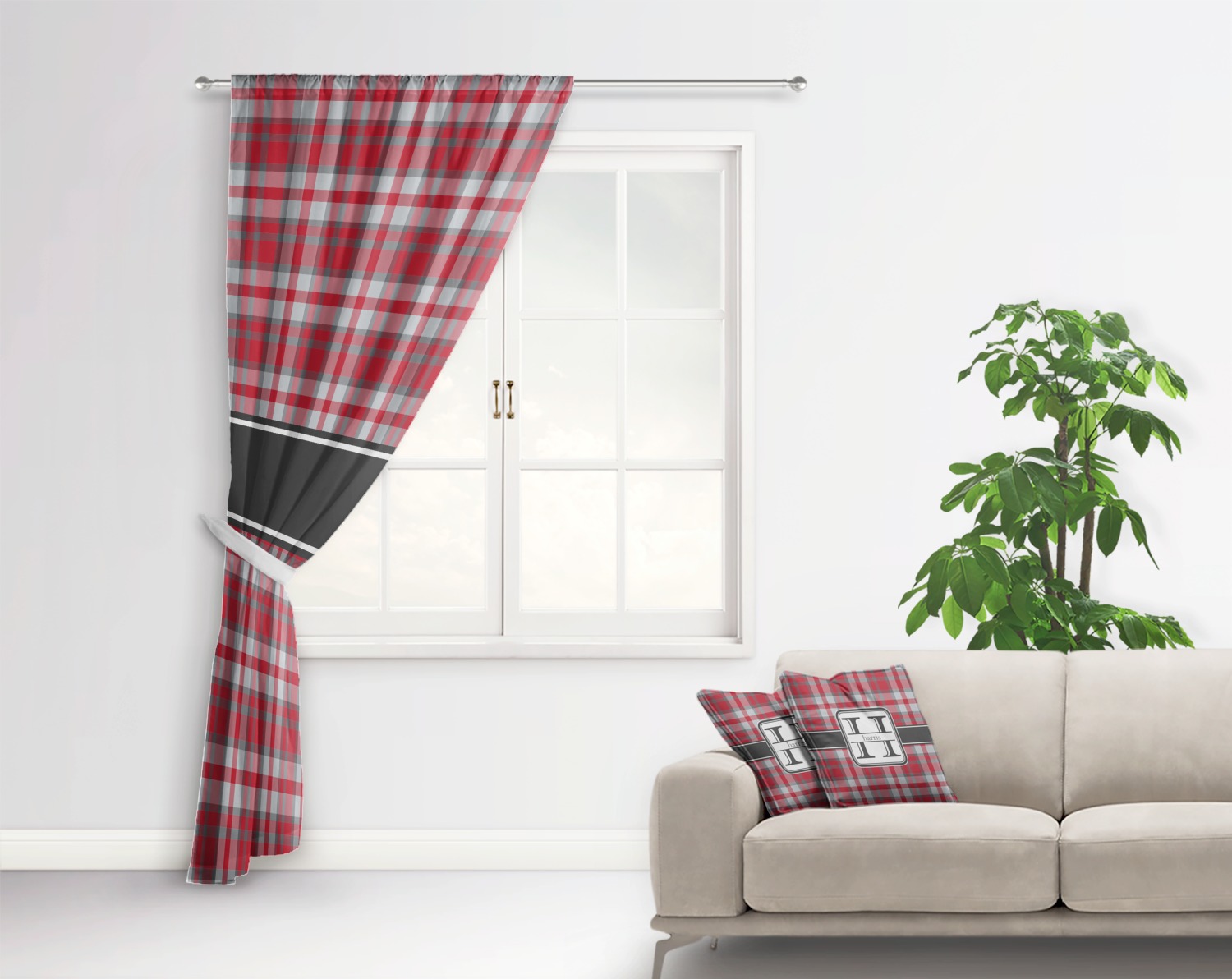 Custom Red Gray Plaid Curtain
