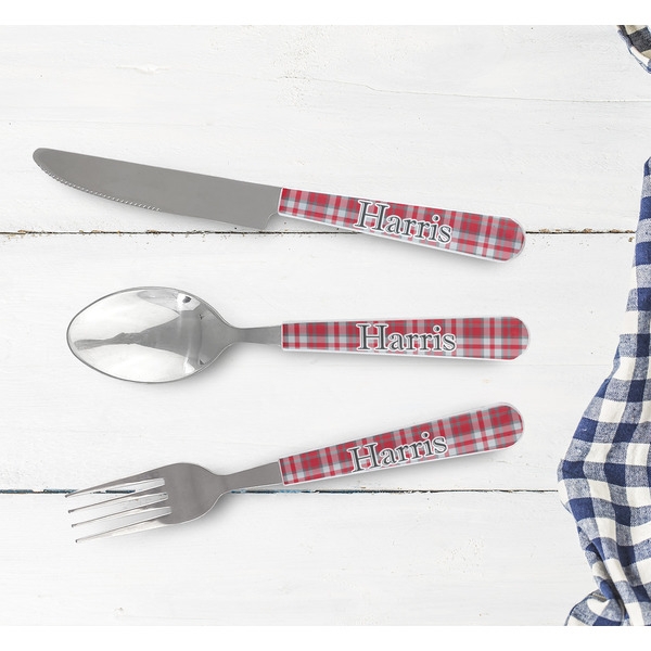 Red & Gray Plaid Cutlery Set - w/ PLATE