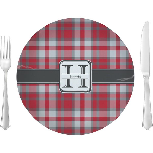 Custom Red & Gray Plaid Glass Lunch / Dinner Plate 10" (Personalized)