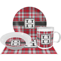 Red & Gray Plaid Dinner Set - Single 4 Pc Setting w/ Name and Initial