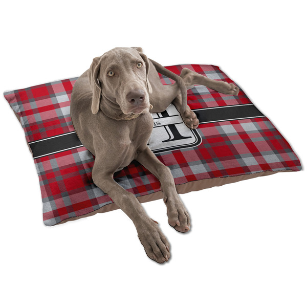 Custom Red & Gray Plaid Dog Bed - Large w/ Name and Initial
