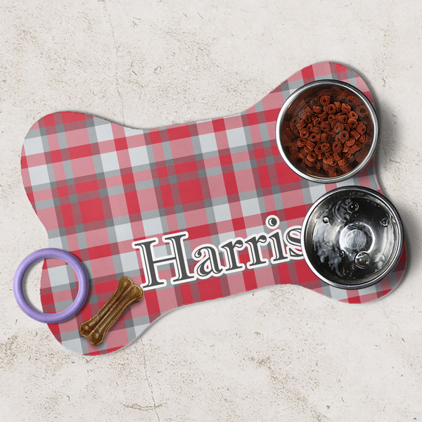 Red & Gray Plaid Dog Bone Shaped Mat Lifestyle