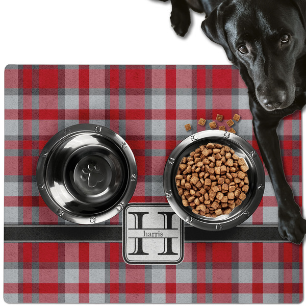 Custom Red & Gray Plaid Dog Food Mat - Large w/ Name and Initial