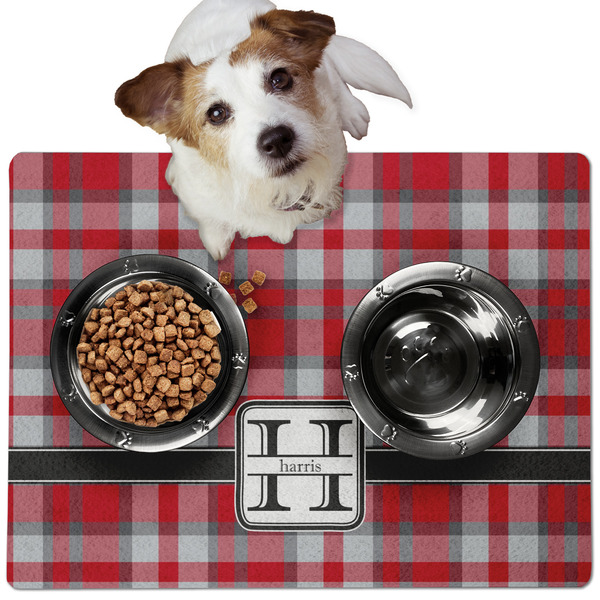 Custom Red & Gray Plaid Dog Food Mat - Medium w/ Name and Initial