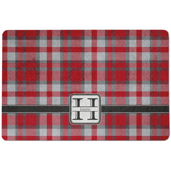 Custom Red & Gray Plaid Dog Food Mat w/ Name and Initial