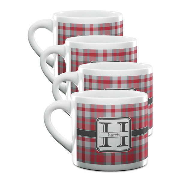 Custom Red & Gray Plaid Double Shot Espresso Cups - Set of 4 (Personalized)