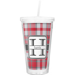 Red & Gray Plaid Double Wall Tumbler with Straw (Personalized)