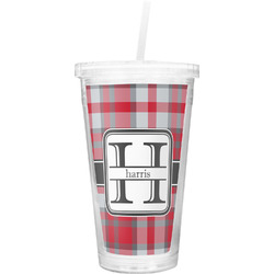 Red & Gray Plaid Double Wall Tumbler with Straw (Personalized)