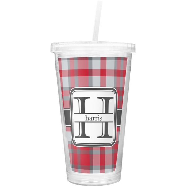 Custom Red & Gray Plaid Double Wall Tumbler with Straw (Personalized)