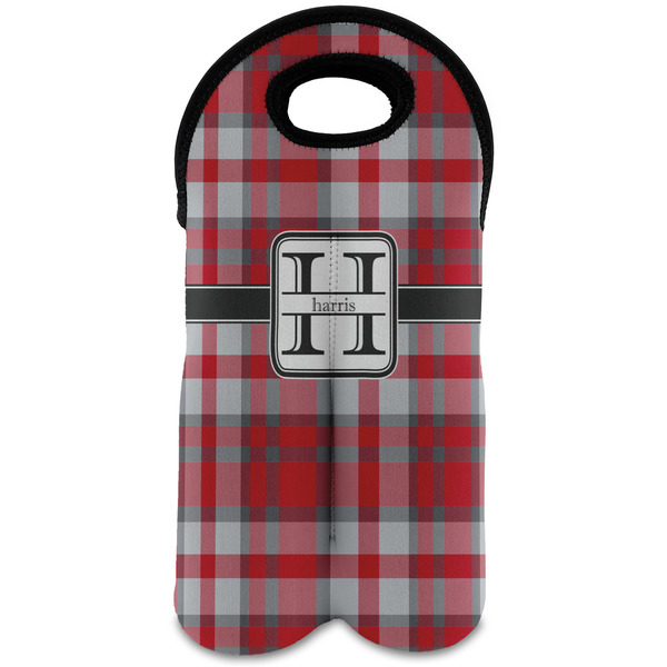 Custom Red & Gray Plaid Wine Tote Bag (2 Bottles) (Personalized)