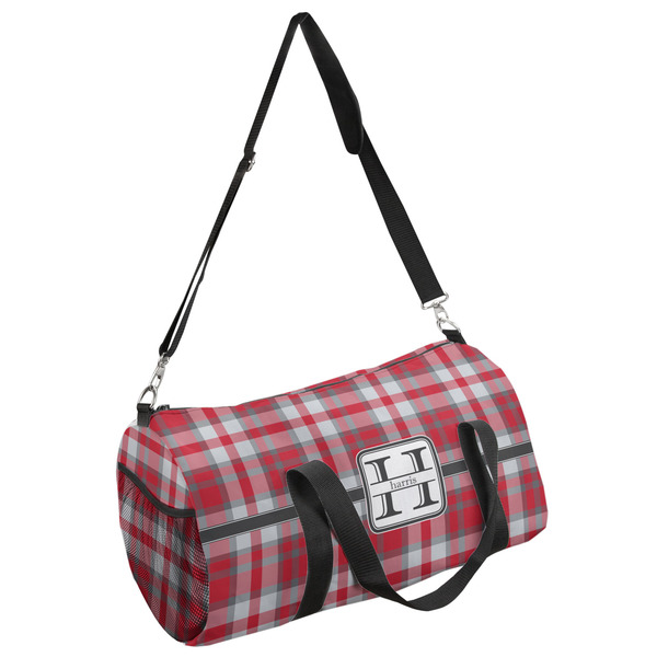 Custom Red & Gray Plaid Duffel Bag (Personalized)