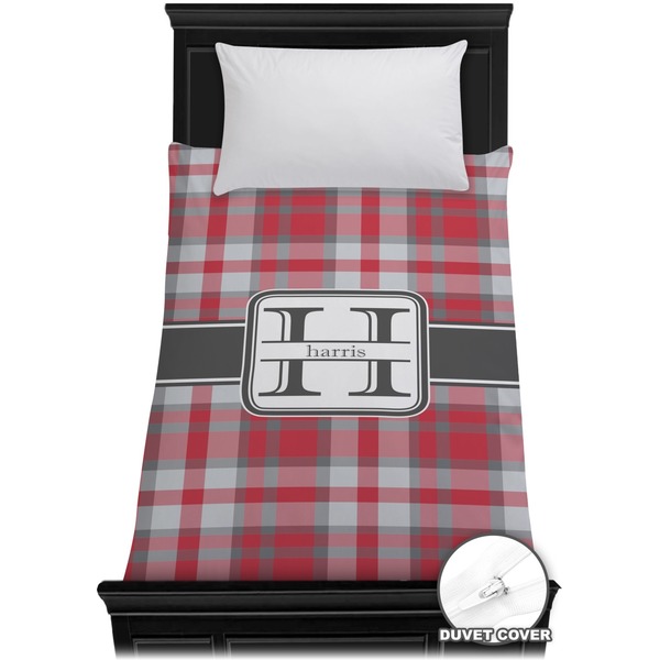 Custom Red & Gray Plaid Duvet Cover - Twin (Personalized)
