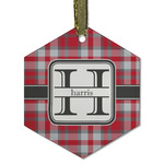 Red & Gray Plaid Flat Glass Ornament - Hexagon w/ Name and Initial