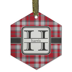 Red & Gray Plaid Flat Glass Ornament - Hexagon w/ Name and Initial