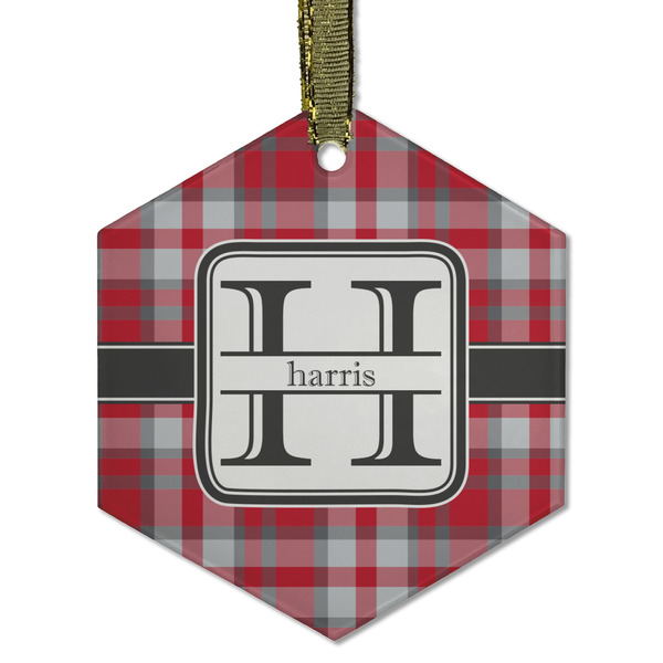 Custom Red & Gray Plaid Flat Glass Ornament - Hexagon w/ Name and Initial